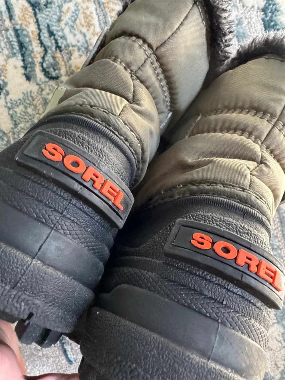 Sorel Toddler Olive Green and Black Insulated Snow Boots with Orange Logo 8T